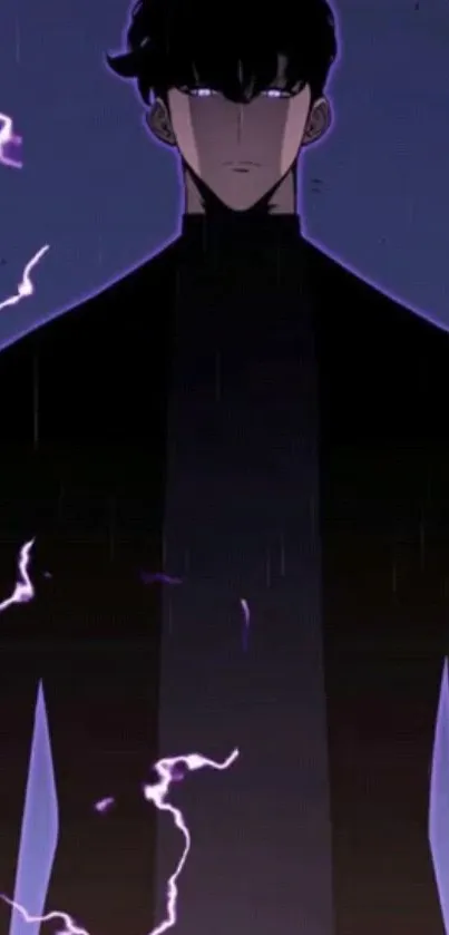 Mysterious anime character with purple lightning backdrop.