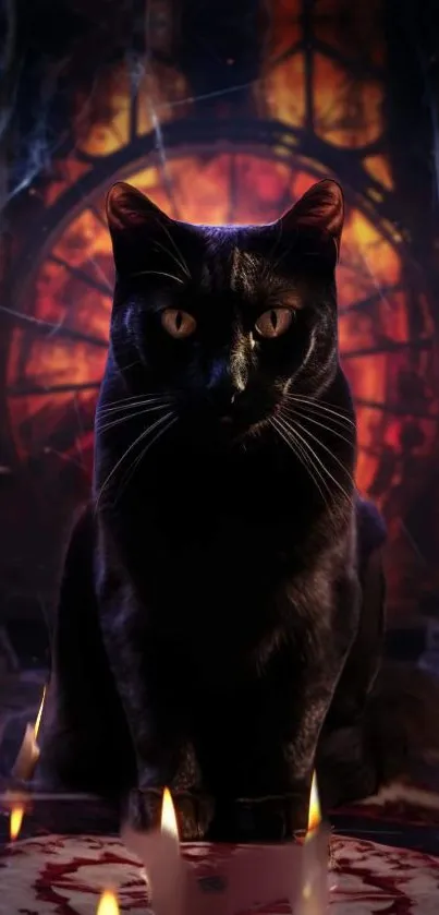 Mysterious black cat surrounded by candles with a fiery gothic background.