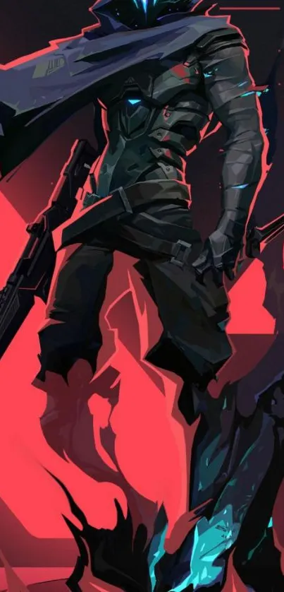 Mobile wallpaper of a hooded character in futuristic armor with vibrant red accents.