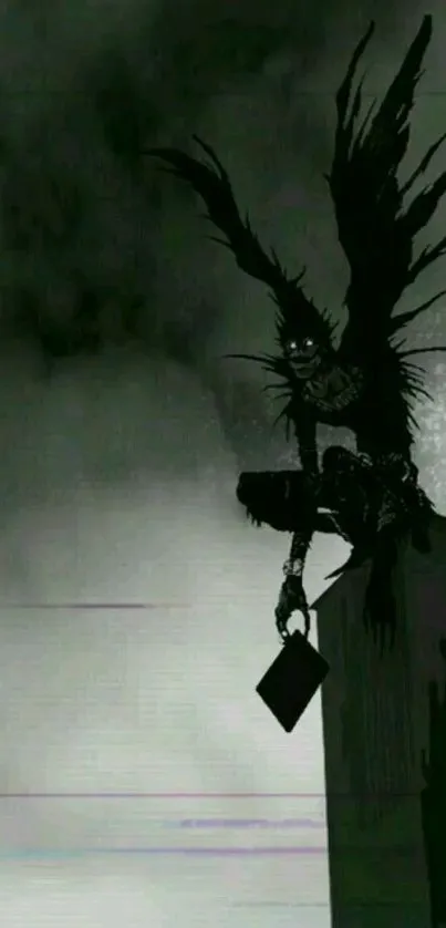 Dark creature silhouetted against misty background in gothic style art.