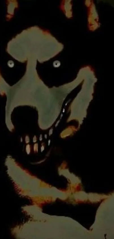 Dark-themed dog with piercing eyes and shadowy textures.