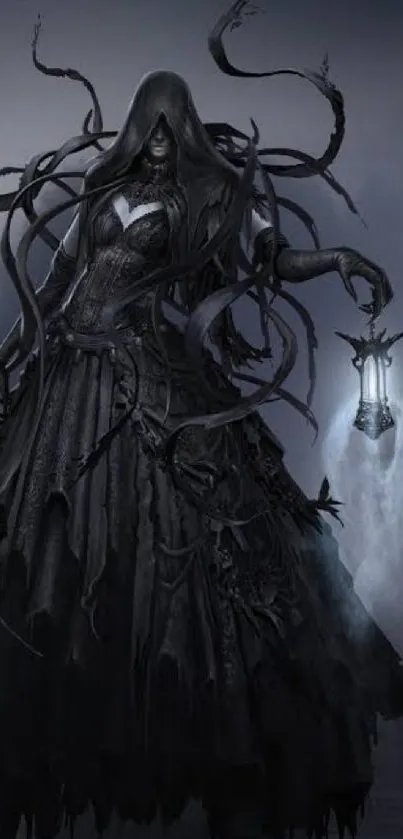 Dark fantasy art with mysterious figure in shadowy cloak.