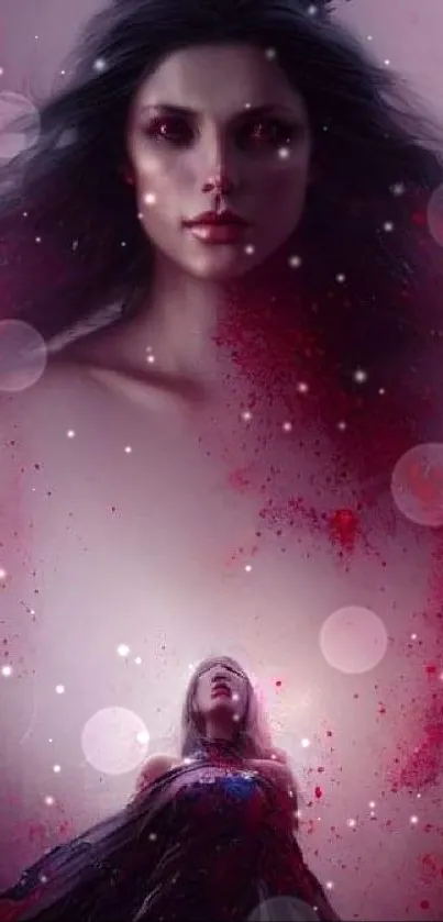 Dark fantasy art with a haunting ethereal figure surrounded by red hues.