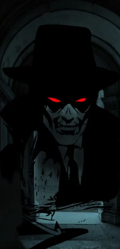 Sinister figure with glowing red eyes in a dark corridor.