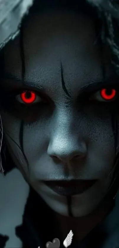 A hooded figure with glowing red eyes in a dark mysterious setting.