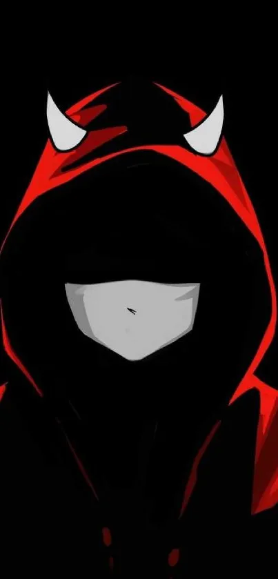 Dark hooded figure with red accents and horns on black background.