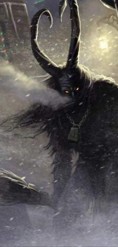 A dark, snowy scene featuring the mythical Krampus with glowing eyes.