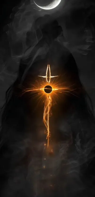 Glowing sword and moon in dark smoke.