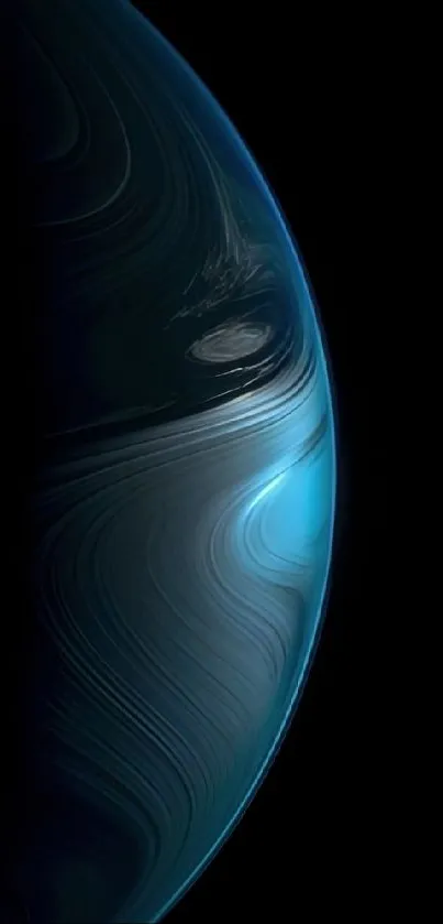 Dark blue planet with swirling patterns on a black background.