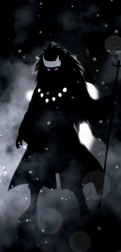 Dark silhouette of a mysterious figure with glowing eyes.