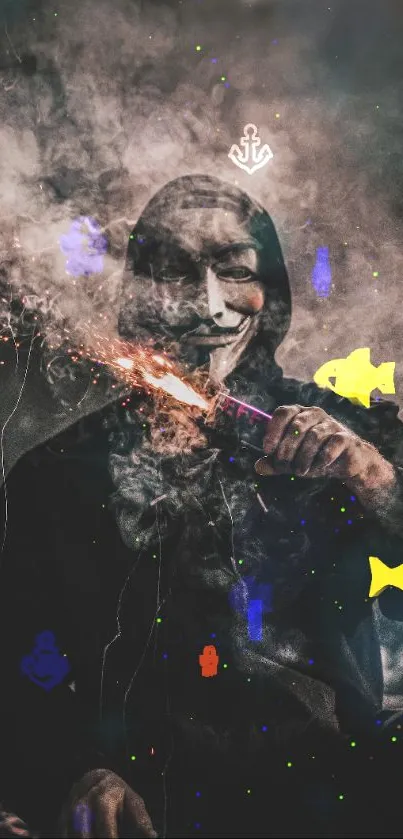 Masked figure in smoke with sparks, creating a mysterious dark vibe.