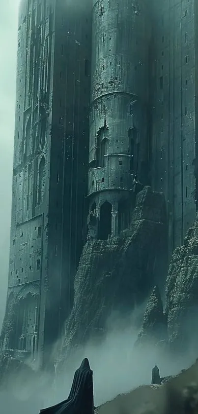 Dark tower surrounded by mist and cliffs, creating a mysterious atmosphere.