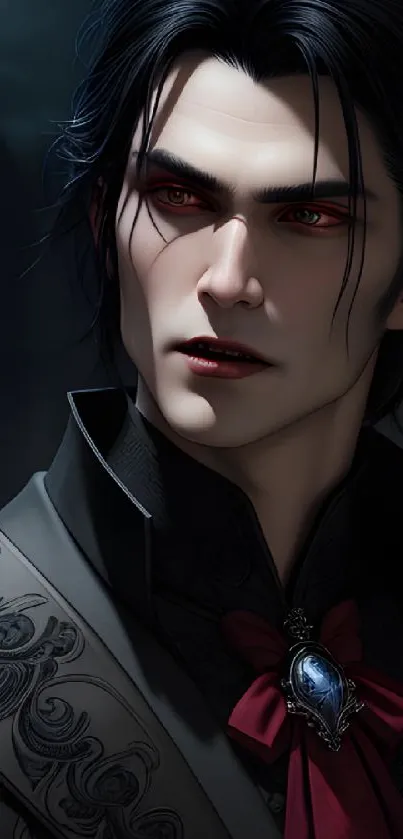 Mysterious vampire character in dark, gothic mobile wallpaper.