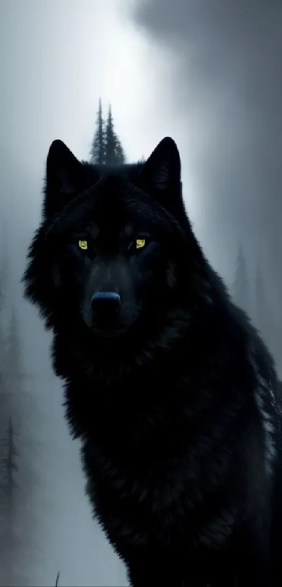 Dark wolf with yellow eyes in a misty forest.