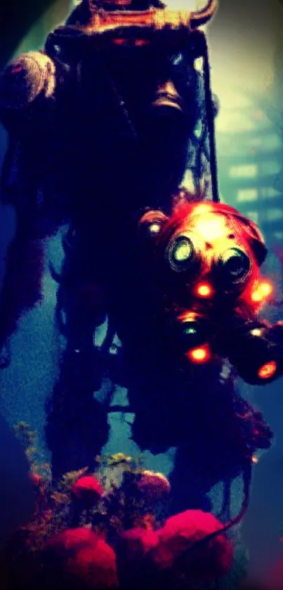 Surreal deep-sea diver with glowing lights in the ocean depths.