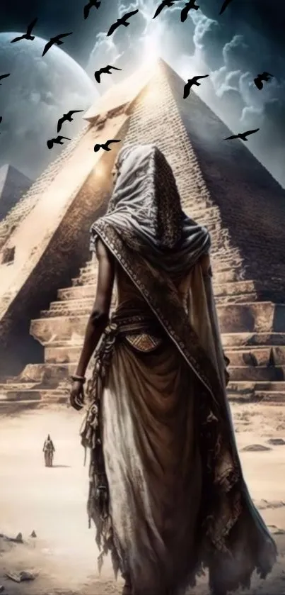 A traveler stands before pyramids amidst a dramatic desert backdrop.