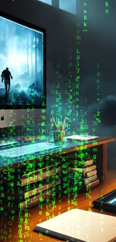 Mysterious desktop scene with forest wallpaper, books, and a glowing lamp.