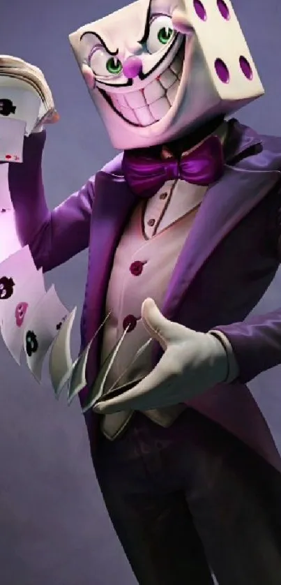 Dice-headed character in purple tuxedo holding cards.