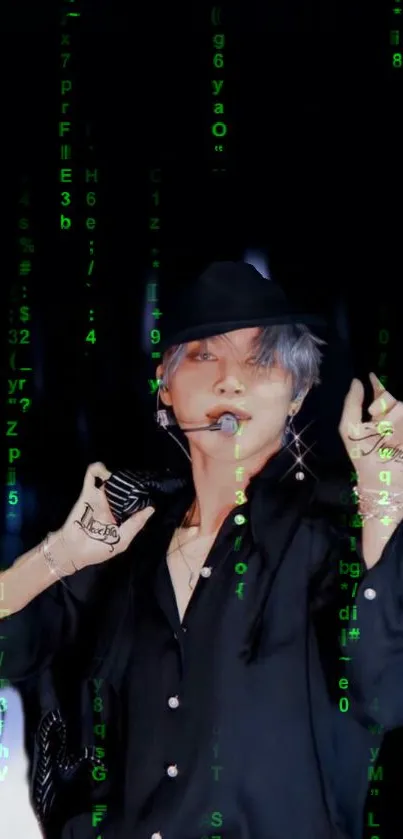 Person in black surrounded by green digital code, reminiscent of Matrix design.