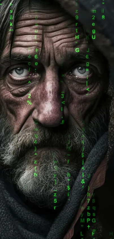 Mysterious man with digital code over face in dark tones.