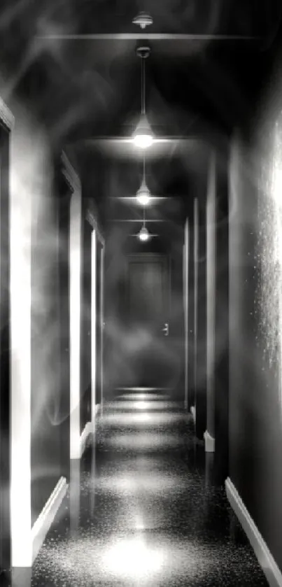 Dimly lit hallway with soft lighting and monochrome design.