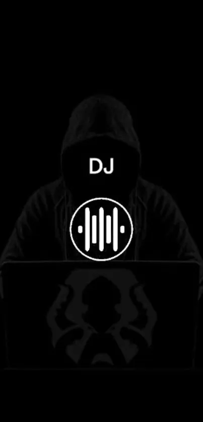 Mysterious DJ hooded figure with soundwave, dark wallpaper.