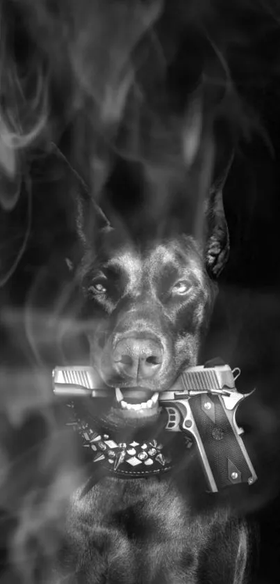 Fierce dog in smoke with gun, black and white art design.