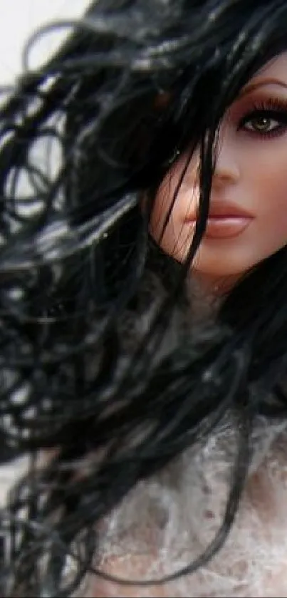 Mysterious doll with black flowing hair.