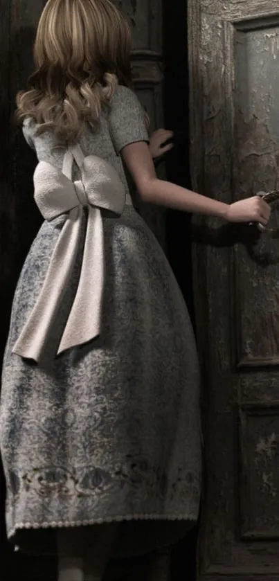 A mysterious figure in gray dress opens an antique door.