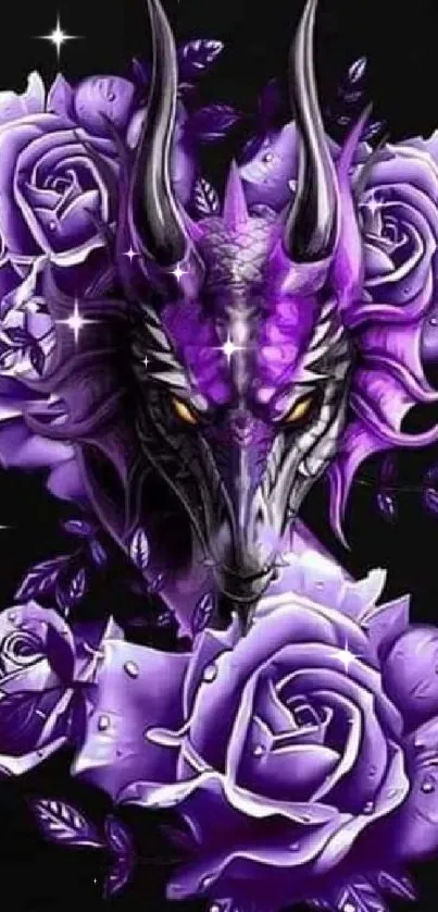 Mystical dragon with vibrant purple roses on a black background.