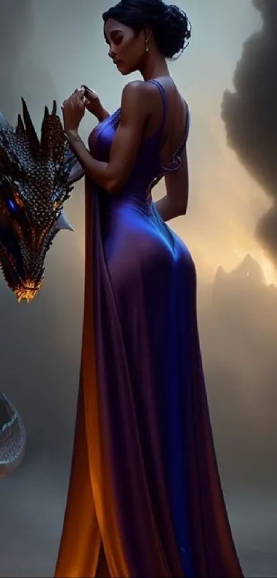 A woman in a purple gown stands with a dragon against a dark sky.