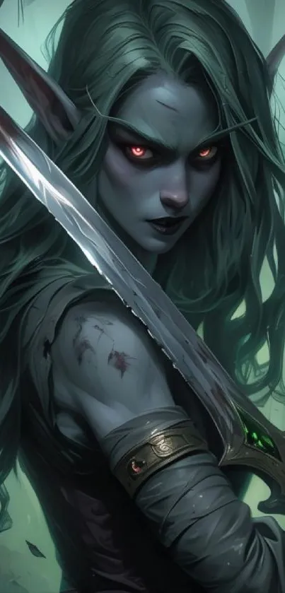 Dark elf warrior with a sword in a mysterious forest setting.