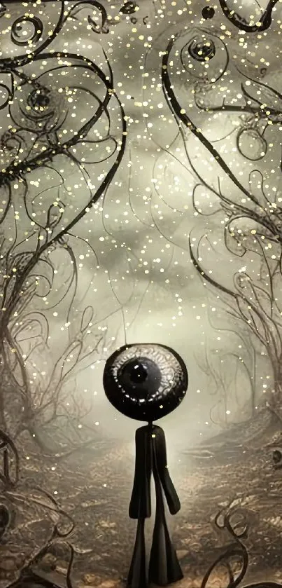 Surreal enchanted forest wallpaper with an eye-headed figure.