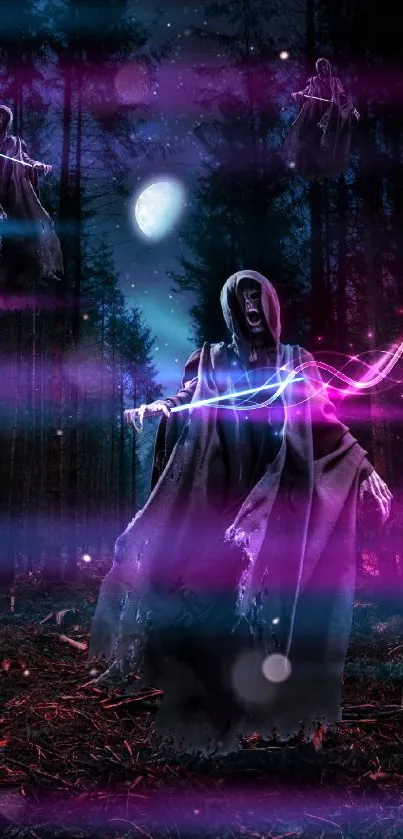 Hooded specters with glowing lights in an enchanted forest wallpaper.