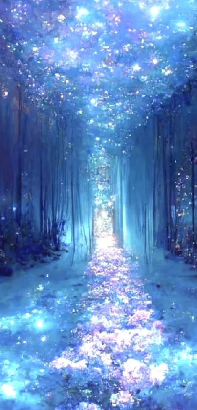 Enchanting blue forest pathway with glowing lights and flowers.