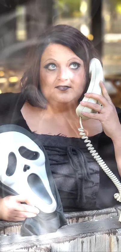 Woman holding mask and phone in rustic setting.