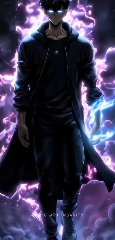 Dark anime character with glowing energy aura and purple smoke.