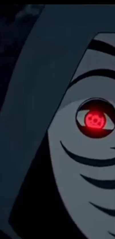 Anime character with red piercing eye under a hood, evokes mystery.