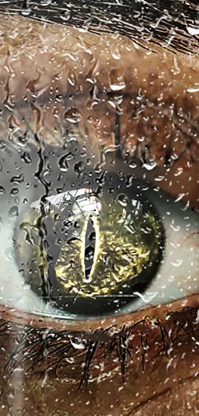 Close-up of an eye with raindrops, featuring a reptilian design.