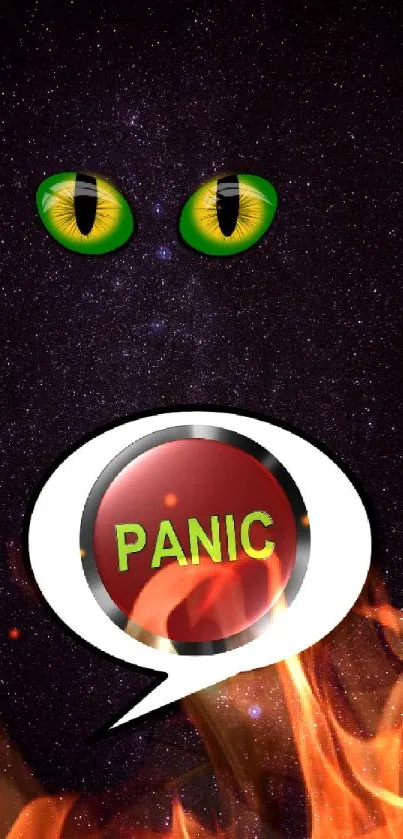 Mysterious eyes and panic button on galaxy-themed wallpaper.