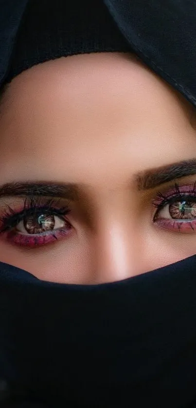 Captivating eyes with elegant veil art in dark tones.