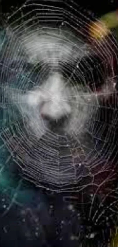 A face intertwined in a dark spider web, creating an eerie wallpaper.