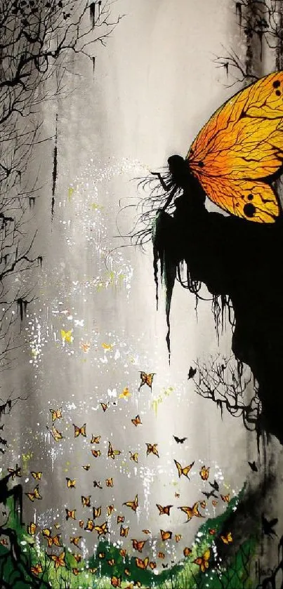 Silhouette fairy on cliff with butterflies in vibrant fantasy forest scene.