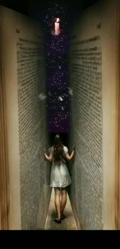 Girl walks between giant books under a starry sky.