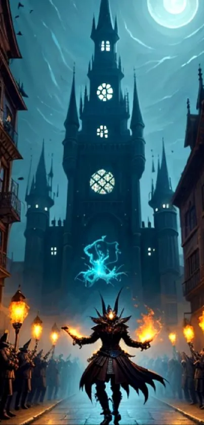 Fantasy wallpaper featuring a dark castle and mysterious figure under a full moon.