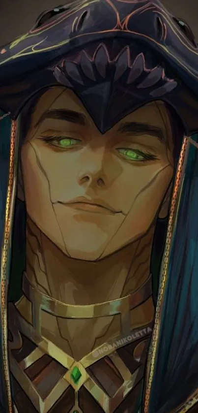 Fantasy character with green eyes in snake-themed hood, dark blue tones.