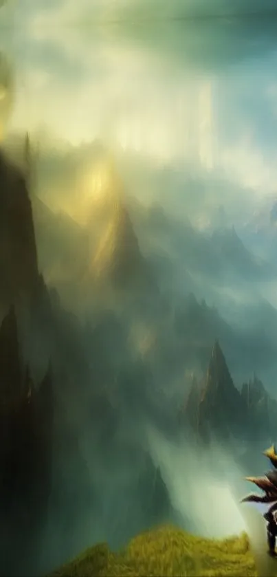 Fantasy landscape wallpaper with misty mountains and a lone adventurer.