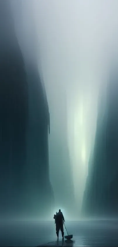 Mysterious fantasy scene with lone figure and misty glowing cliffs.