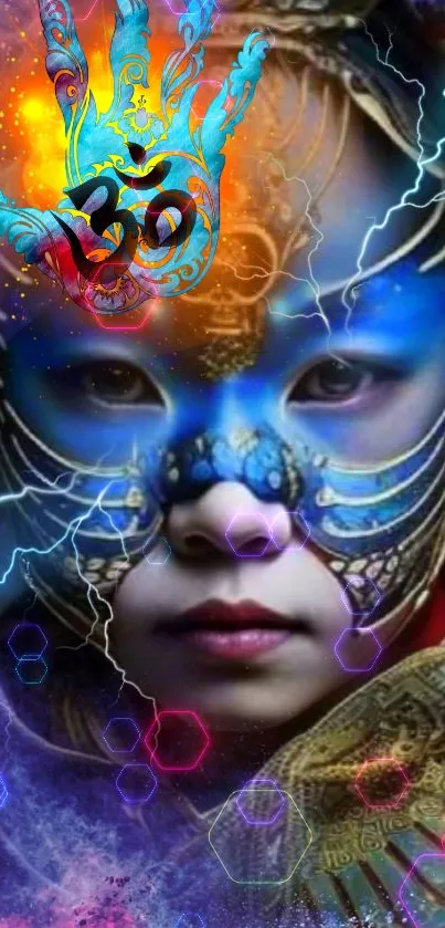 Fantasy mask art with blue hues and mystical symbols on a mobile wallpaper.