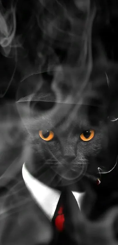 Black cat with glowing eyes surrounded by smoke on a dark background.